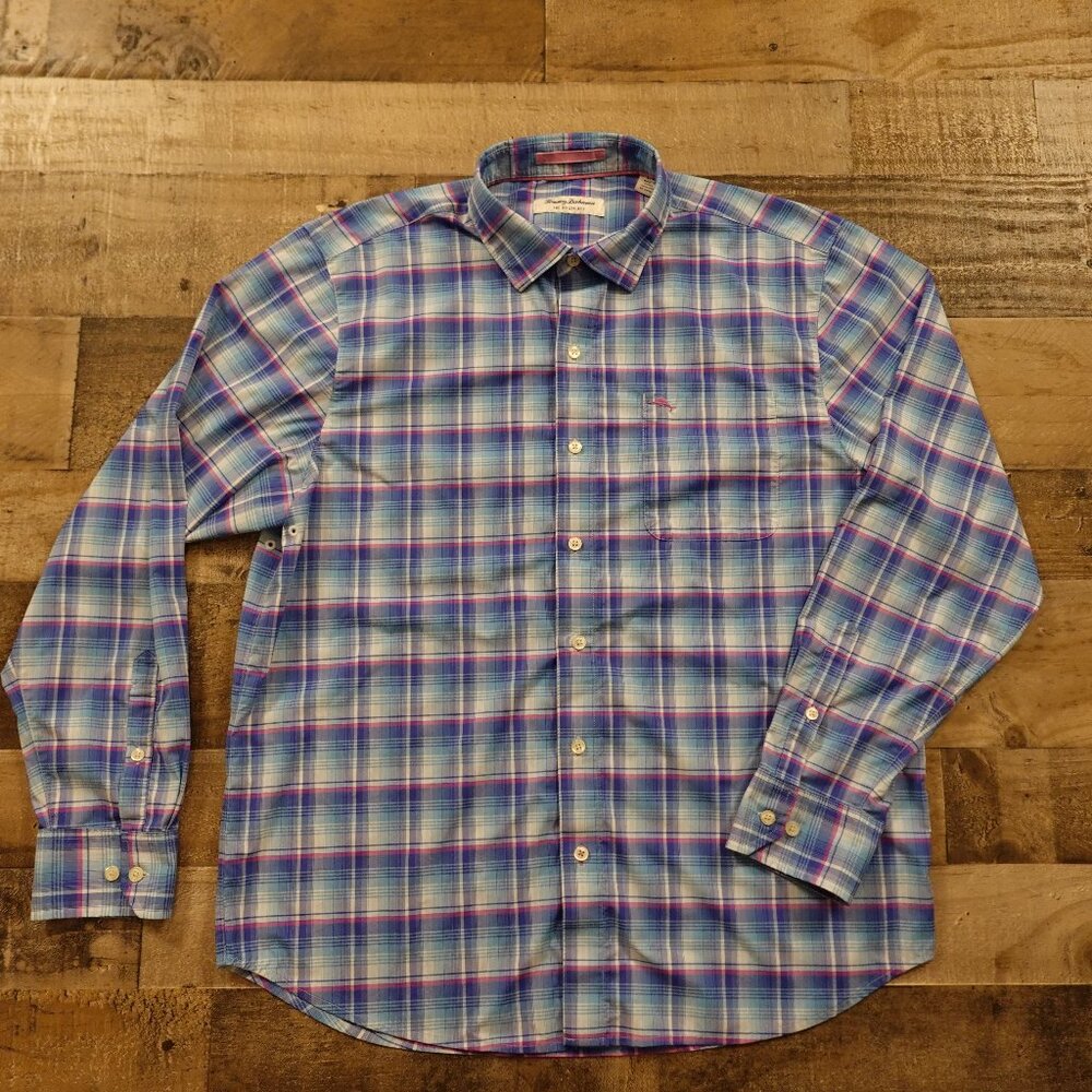 Tommy Bahama‎ Siesta Key Check IslandZone Stretch Shirt men's large blue purple